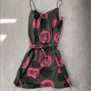Printed, skinny-strapped, cocktail dress w/tie